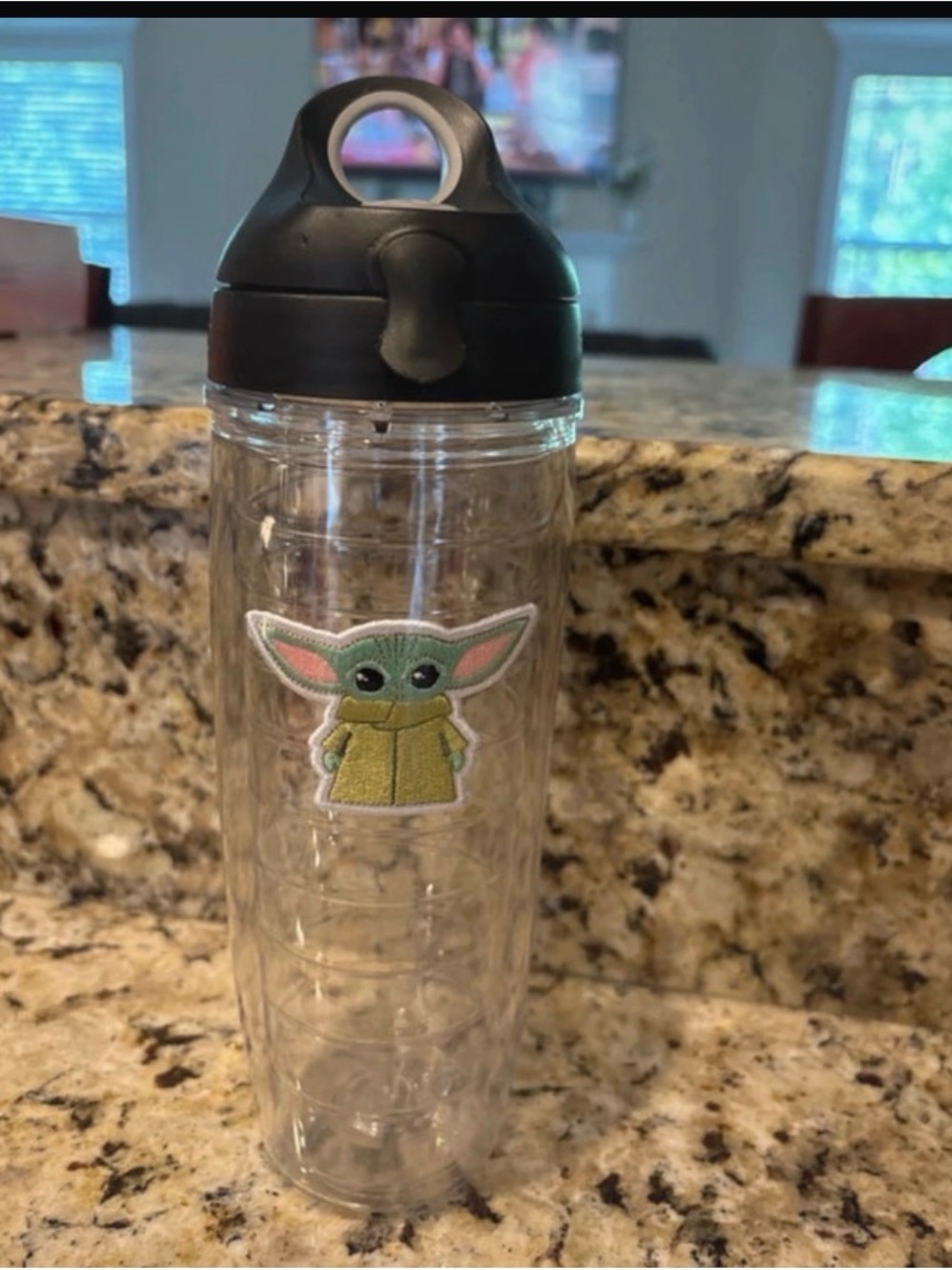 Star Wars Clear Bottle with Green Grogu Patch and Black Lid